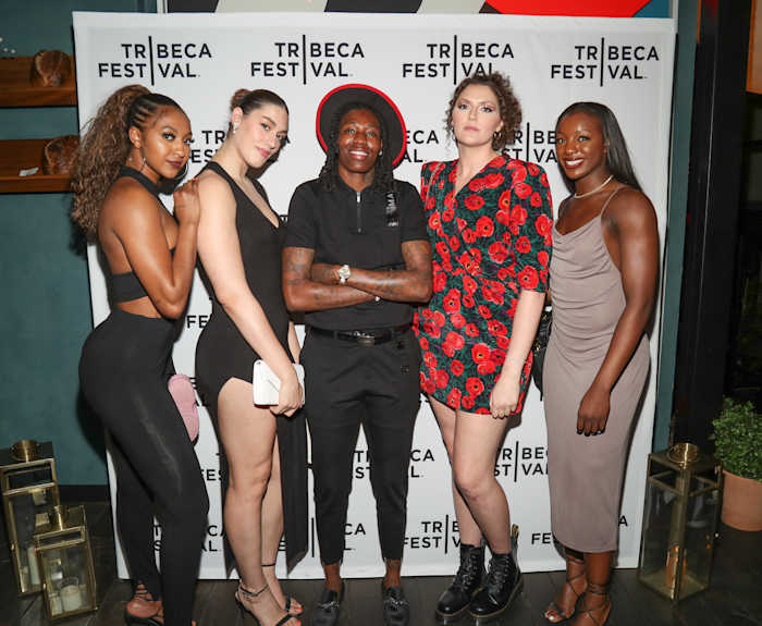 DiDi Richards poses with Lorela Cubaj, Natasha Howard, Stephanie Dolson, and Michaela Onyenwere attend the Tribeca Festival After-Party for "Unfinished Business" at Veranda on June 13, 2022 in New York City.